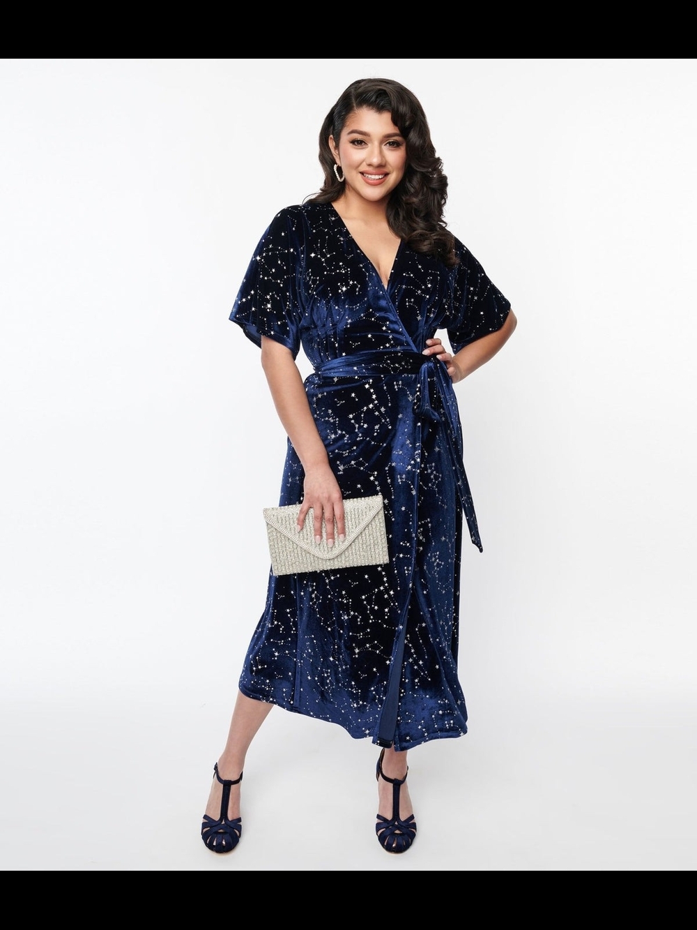 Unique Vintage 1970s Navy Star-Print Velvet Wrap Dress with Belt